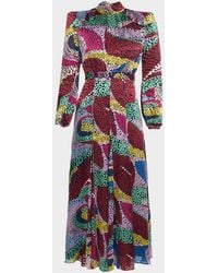 Saloni - Jacqui-B Belted Floral Silk Midi Dress - Lyst
