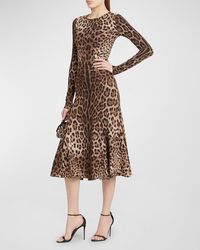 Dolce & Gabbana - Leopard-Print Long-Sleeve Fit-&-Flare Midi Dress - Lyst