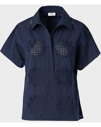 Akris Punto - Eyelet Cotton Poplin Cap-Sleeve Collared Blouse - Lyst