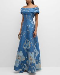 Teri Jon - Off-Shoulder Ruffle Floral Jacquard Gown - Lyst