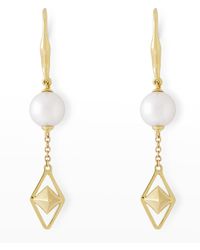 Pearls By Shari - 18k Yellow Gold 8.5mm Akoya 2- Pearl And Cube Drop Earrings - Lyst
