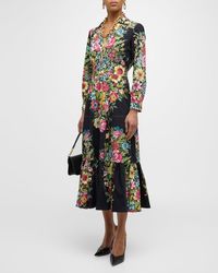 Etro - Bouquet Floral V-neck Long-sleeve Cotton Midi Shirtdress - Lyst