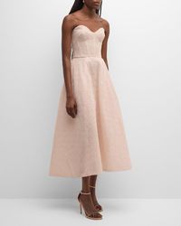 Monique Lhuillier - Embroidered Sweetheart Strapless Corset Midi Dress - Lyst