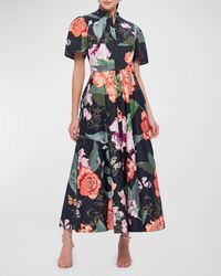 LEO LIN - Bianca Short-sleeve Belted Floral Cotton Midi Shirt Dress - Lyst