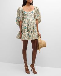 Agua Bendita - Delirio Platero Floral Linen Puff-Sleeve Mini Dress - Lyst