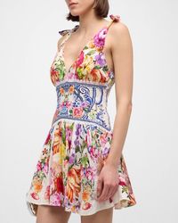 Camilla - Tie-Shoulder Floral Linen Silk Mini Dress - Lyst