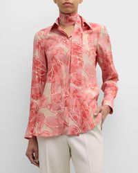 Kiton - Floral-Print Long-Sleeve Neck-Scarf Silk Blouse - Lyst