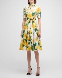 Dolce & Gabbana - St Rose-Print Short-Sleeve Pleated Gialle Midi Shirtdress - Lyst