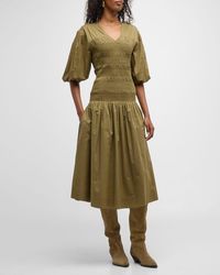 Merlette - Martha Shirred Blouson-Sleeve Lawn Midi Dress - Lyst