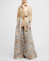 Teri Jon - Floral Jacquard Waist Taffeta Shirtdress Gown - Lyst