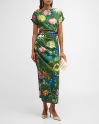 Lela Rose - Floral-Print Ruched Short-Sleeve Midi Dress - Lyst