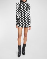 Balmain - Turtleneck Strong-Shoulder Polka-Dot Knit Mini Dress - Lyst