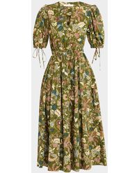 Ulla Johnson - Adriana Puff-Sleeve V-Neck Midi Dress - Lyst