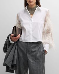 Brunello Cucinelli - Button-front Cotton Shirt With Ostrich Feather Sleeves - Lyst