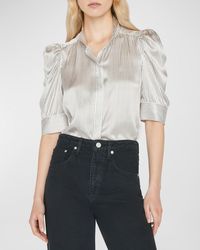 FRAME - Gillian Stripe Silk Ruched-Sleeve Top - Lyst