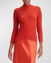 Vince - 3/4-sleeve Ribbed Cashmere And Silk Mock-neck Sweater - Lyst