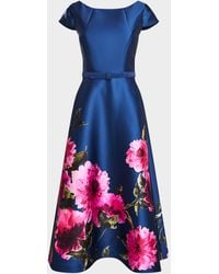 Kay Unger - Ina Belted Tea-Length Floral Mikado Dress - Lyst
