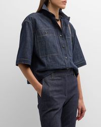 Brunello Cucinelli - Metallic Denim Monili-tab Short-sleeve Snap-front Collared Shirt - Lyst