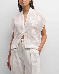 Brunello Cucinelli - Crispy Silk Bomber Top With Magnolia Embroidery - Lyst