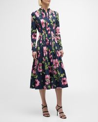 Oscar de la Renta - Poppies-Print Long-Sleeve Pleated Poplin Midi Shirtdress - Lyst