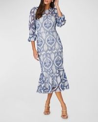 Shoshanna - Adelia Embroidered Blouson-Sleeve Midi Dress - Lyst