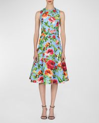 Carolina Herrera - Floral-Print Midi Dress With Twist Waistband - Lyst