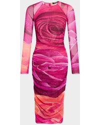 Roberto Cavalli - Rosette-Print Mesh Long-Sleeve Midi Dress - Lyst