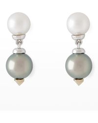 Pearls By Shari - 18k White Gold 9mm Gray Tahitian Pearl And 8mm Akoya Pearl Drop Earrings - Lyst