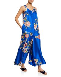 Johnny Was Plus Size Vivian Floral-print Button-front Sleeveless Silk Twill Jumpsuit - Blue