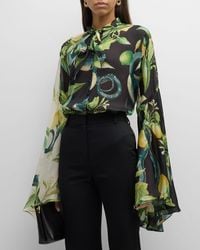 Roberto Cavalli - Garden-Print Silk Flare-Sleeve Neck-Tie Shirt - Lyst
