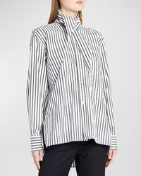 Plan C - Striped Button-front Shirt With Tie Neck - Lyst