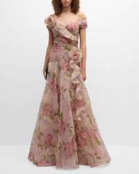 Teri Jon - Pleated Off-Shoulder Floral-Print Organza Gown - Lyst