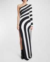 Balmain - One-Shoulder Striped Knit Gown With Slit - Lyst