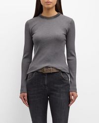 Brunello Cucinelli - Cotton Stretch Ribbed Knit Top With Substantial Monili Collar - Lyst