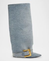 Balmain - Anthem Washed Denim Buckle Knee-High Boots - Lyst