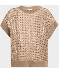 Brunello Cucinelli - Short-Sleeve Paillette Cotton-Jute Open Knit Sweater - Lyst