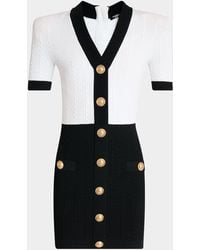 Balmain - V-Neck Buttoned Strong-Shoulder Torsade Knit Mini Dress - Lyst