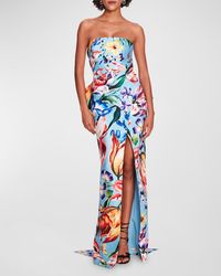 Marchesa - Strapless Pleated Floral-Print Bow-Back Gown - Lyst