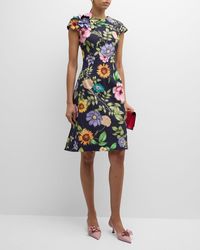 Teri Jon - Floral-Print Beaded Applique Dress - Lyst