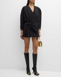 Balenciaga - V-neck Draped Belted Long-sleeve Silk Crepe Mini Dress - Lyst