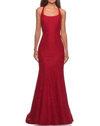 La Femme Square-neck Floral Lace Racerback Mermaid Gown - Red