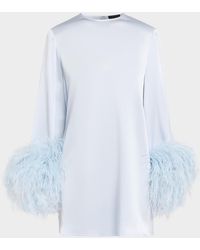LAPOINTE - Long-Sleeve Feather-Trim Satin Mini Shift Dress - Lyst