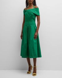 Oscar de la Renta - Off-The-Shoulder Halter Pleated Cotton Midi Dress - Lyst