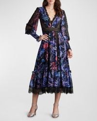 Tadashi Shoji - Coral-Print Lace-Trim Bishop-Sleeve Midi Dress - Lyst