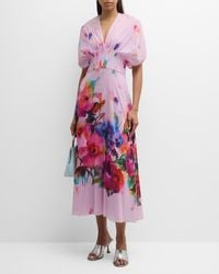Lela Rose - Isabel Watercolor Floral-Print Short-Sleeve Pleated-Waist Midi Dress - Lyst