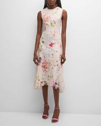Monique Lhuillier - Floral Printed Lace Midi Dress - Lyst