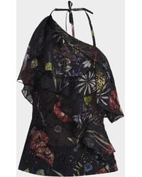 McQueen - Asymmetric-Ruffle Floral Silk Halter Top - Lyst