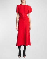 Victoria Beckham - Gathered-Waist Short-Sleeve Midi Dress - Lyst