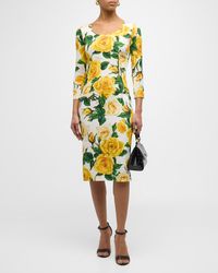 Dolce & Gabbana - Rose-Print Scoop-Neck 3/4-Sleeve Charmeuse Midi Dress - Lyst