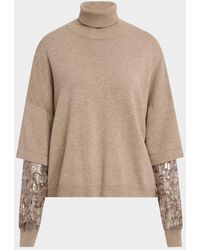 Brunello Cucinelli - Cashmere Turtleneck Sweater With Sheer Sequined Sleeves - Lyst